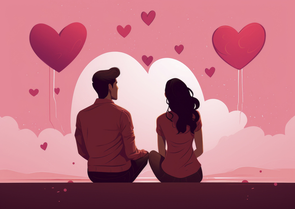 two people and two hearts in the background, in the style of animated illustrations